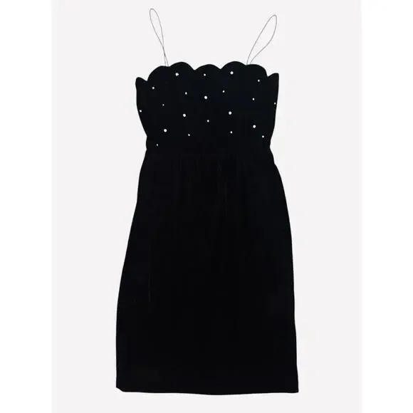 Vintage Black Velvet Mini Cami Dress & Jacket Scalloped Trim Rhinestones Size 12 - Picture 2 of 8